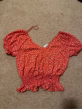 Sienna Sky Red Floral Puff-Sleeve Smocked Crop Top